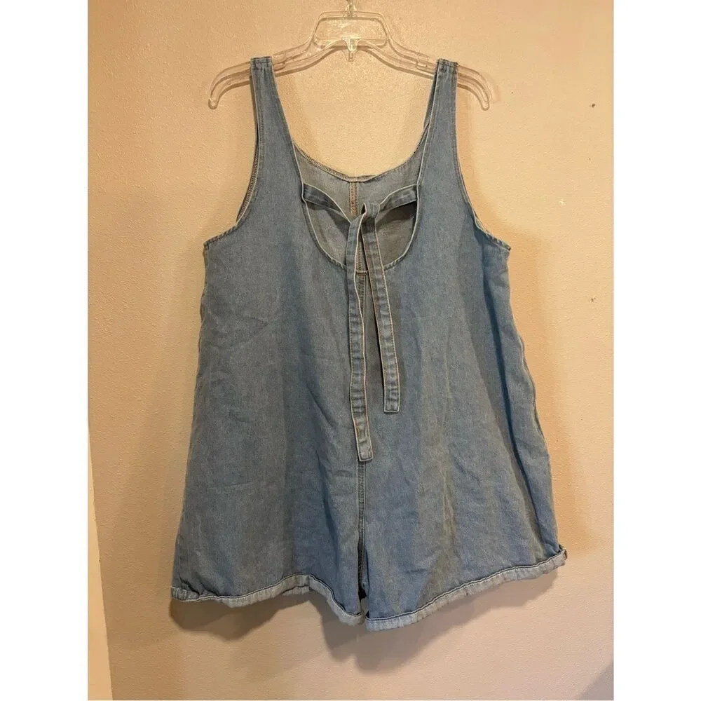 💙 SHEIN Denim Romper XL Tie Back Sleeveless Chambray Shorts Jumpsuit